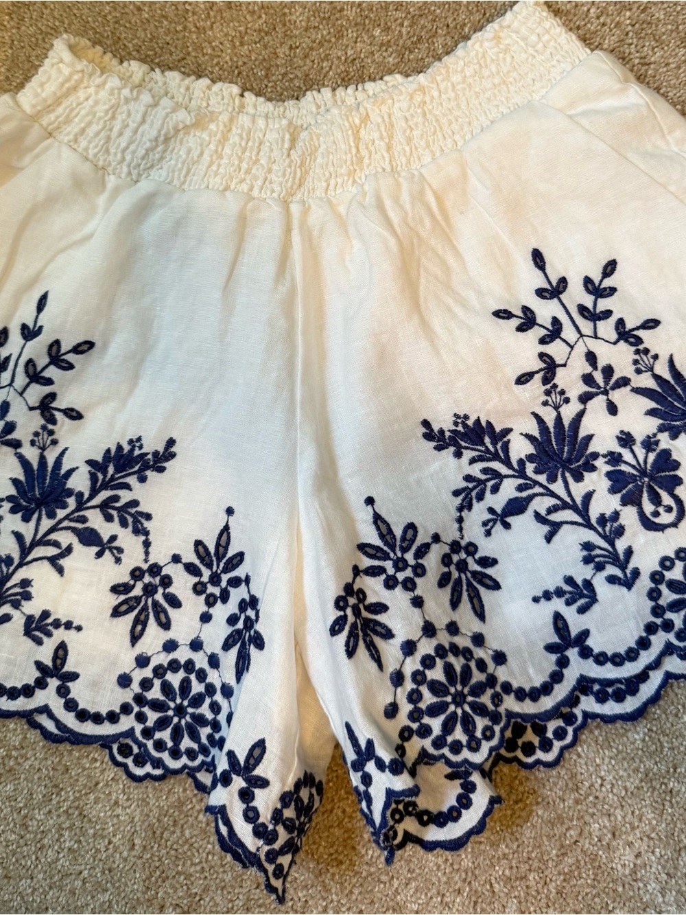 Jade by Johnny Was white line pull on Shorts with Navy Embroidery